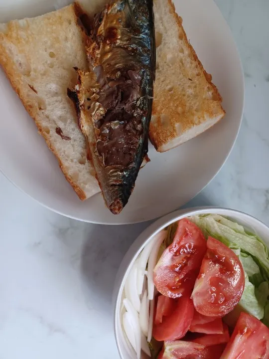 狸の宴シリーズ
今日の昼御飯

[トルコ料理]
鯖サンド
自家製の骨付き塩鯖なので
骨抜かなきゃ挟めない件。😹

ドレッシングは、
狸特製ヴィネグレットソース+レモン。

※無化学調味料/無添加
※無アミノ酸(無コオロギ)|タヌキさん