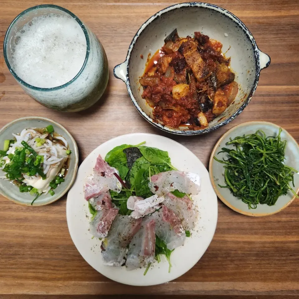 20230615
鯛のカルパッチョサラダ
茄子とベーコンのトマト煮
おかひじきの黒ごま和え
しらす豆腐|noccoさん