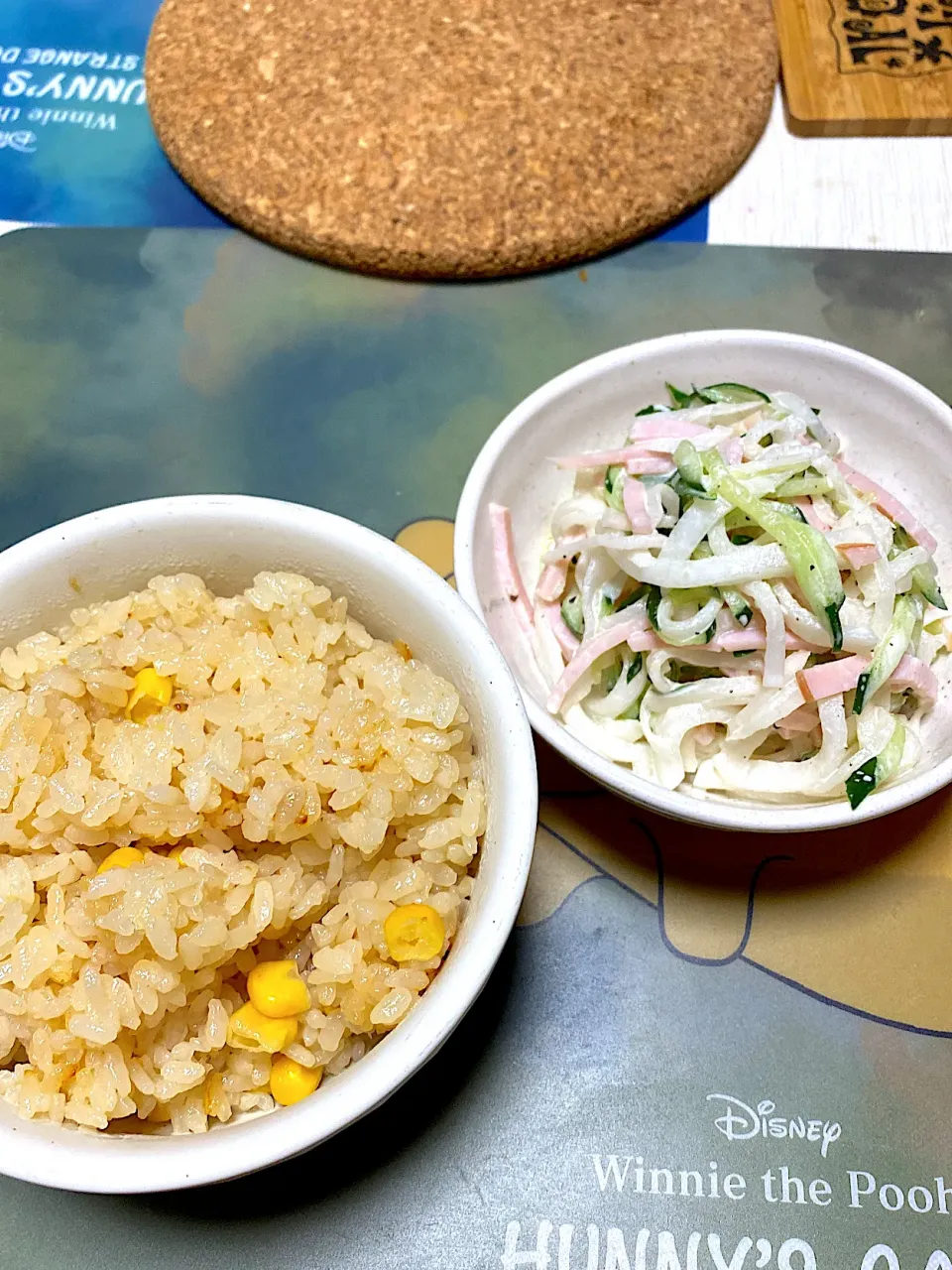 とうもろこしのバター醤油炊き込みご飯、大根ときゅうりのハムマヨサラダ|kaaaaaさん