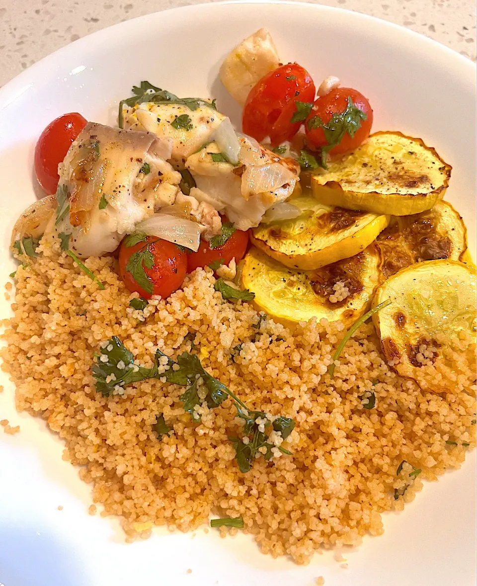 Couscous, braised tilapia fish with grape tomatoes,  ginger and onions, roasted yellow squash|🌺IAnneさん