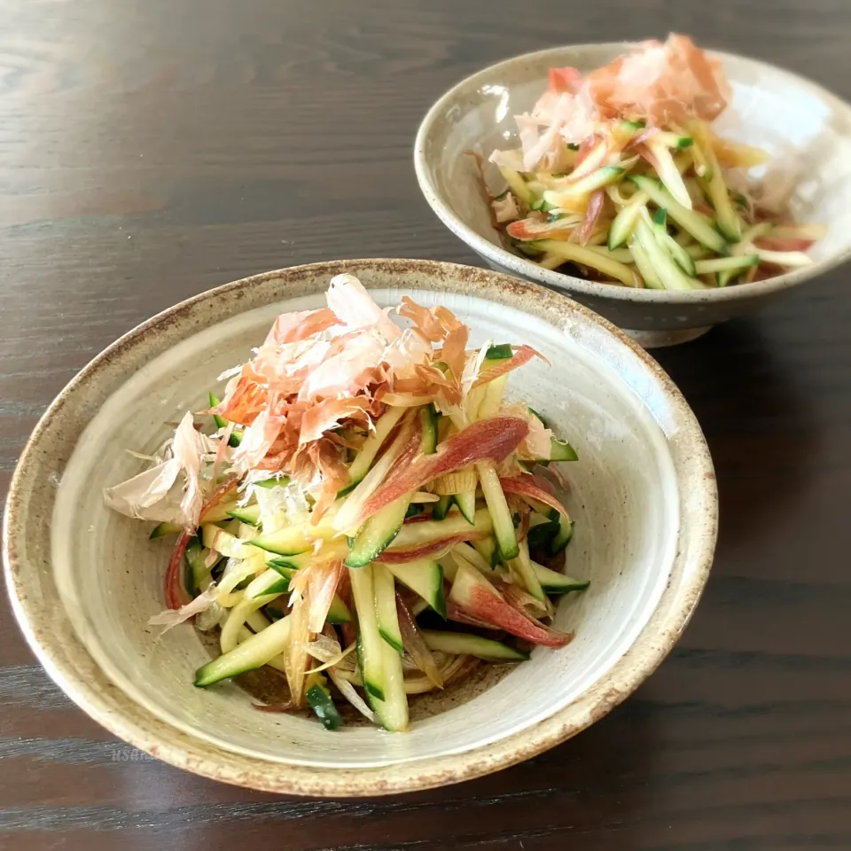 由美さんの料理 丸鶏がらスープで茗荷ときゅうりのナムル|うさかめさん