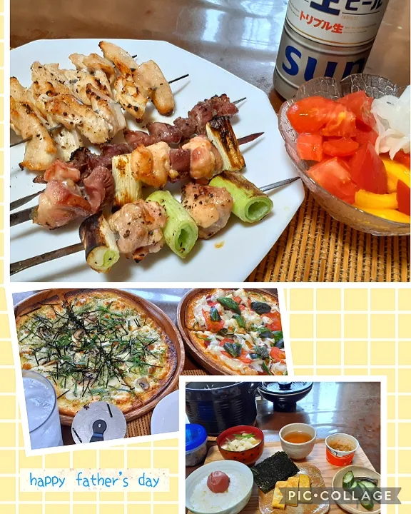 Snapdishの料理写真:happy father's day 💖

🔸いつもの朝食
🔸しらすピザ・サラミピザ🍕
🔸焼き鳥🐔|びせんさん