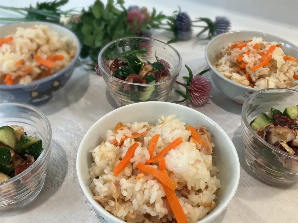 炊き込みご飯風&タコときゅうりの酢の物|まっさんさん