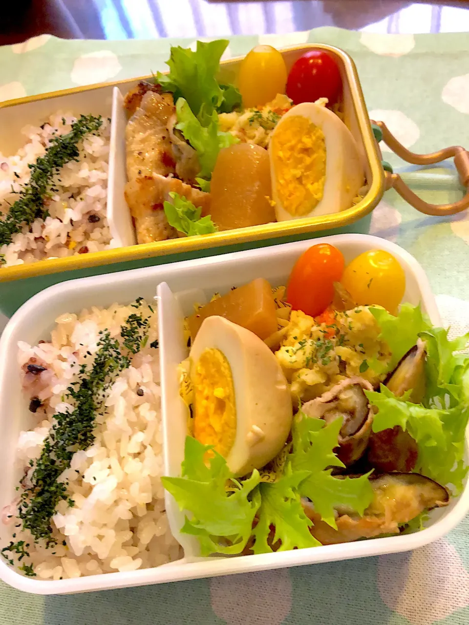 Snapdishの料理写真:2023.6.19  ✩今日のお弁当✩なすの豚肉巻き＆舞茸のポテトサラダ.•♬|rinrin*mama*さん