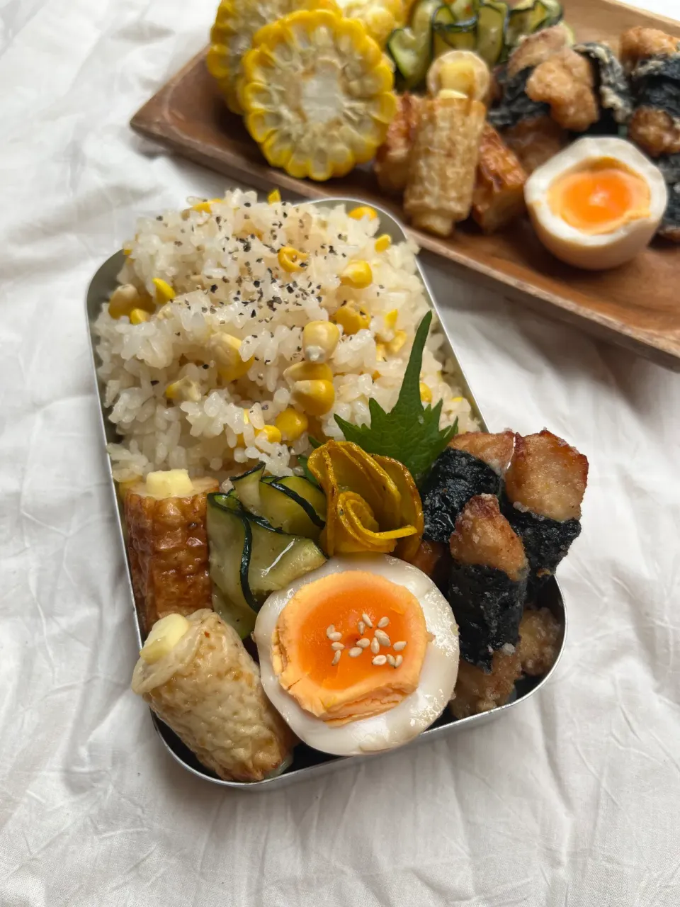 とうもろこしご飯&海苔巻きチキン弁当。|chocohimeさん