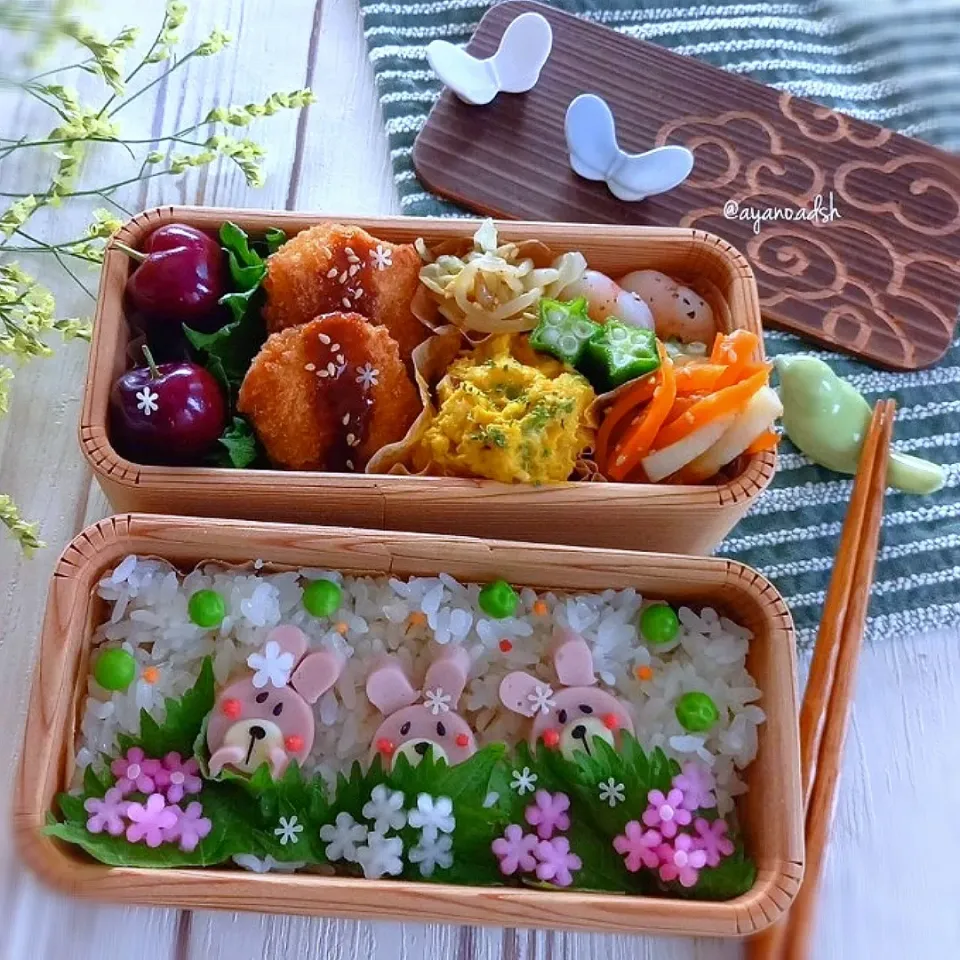 Snapdishの料理写真:🐰うさぎさんひょっこり紫陽花弁当🌼|ayano.adshさん