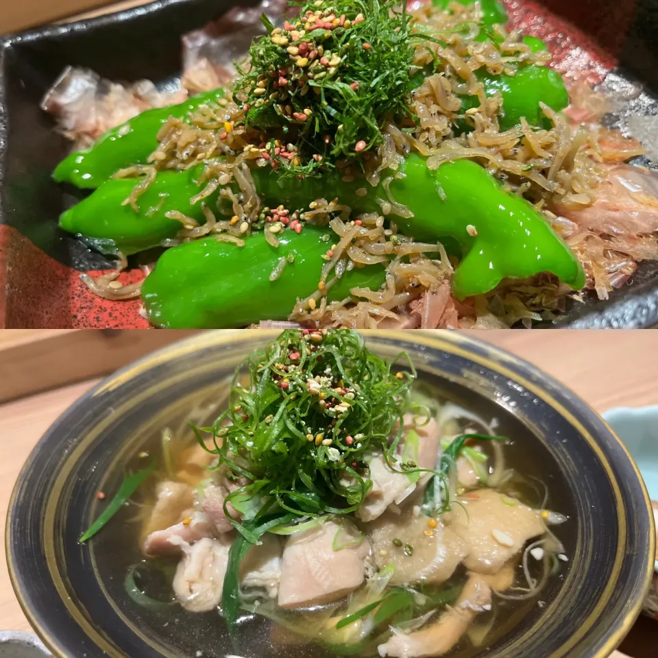 甘長ししとう素揚げじゃこしそのせとやんばる若鶏鶏だし肉豆腐@沖縄市　和彩酒房 宮|KOMAさん