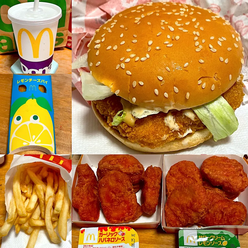 焙煎ごまえひフィレオ🍔　レモンチーズパイ　ポテト🍟　スパイシーチキンマックナゲット🍗　レモンソース🍋　ハバネロソース|るみおんさん