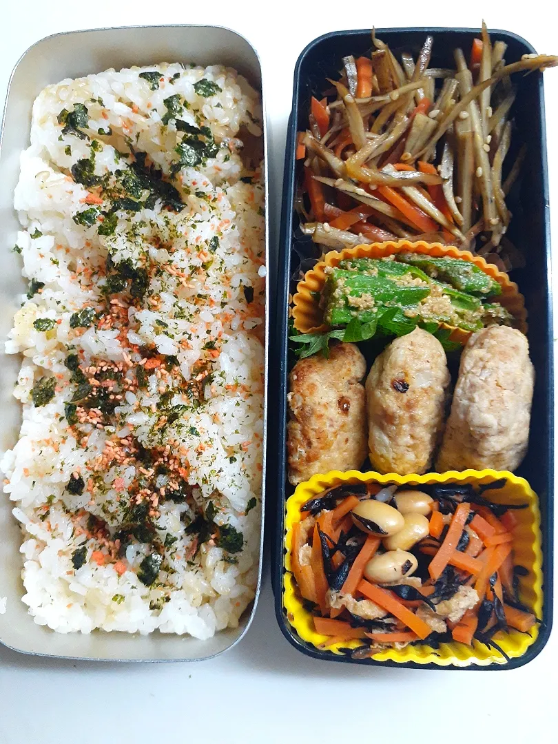 ☆中学生弁当☆玄米入り振りかけごはん、オクラ胡麻和え、金平牛蒡、ハンバーグ、ひじき煮物|ｼｮｺﾗさん