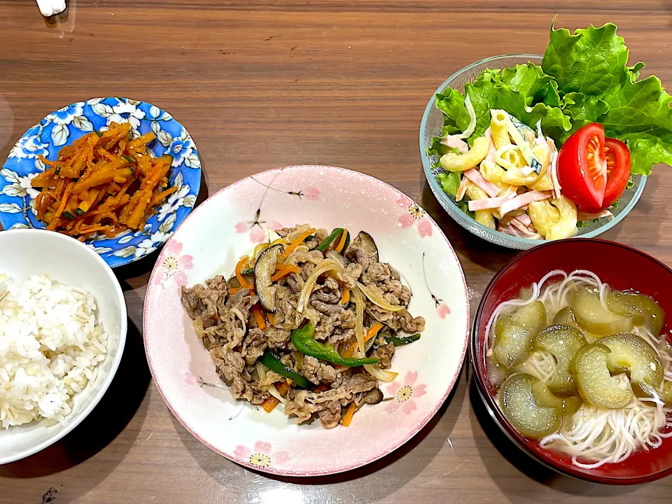 プルコギ　茄子の煮麺　マカロニサラダ　かぼちゃと人参の胡麻きんぴら|おさむん17さん