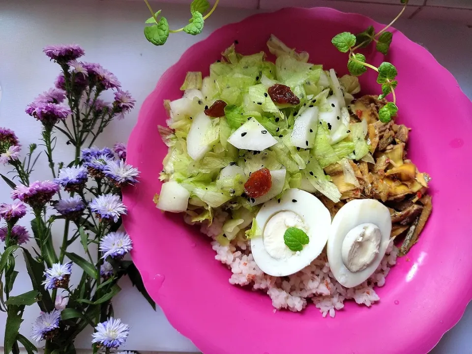 Rice , Banana Blossom Curry, and Ice burg and  Cucumber Salad with Boiled Egg|Dileeshaさん