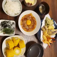 Snapdishの料理写真:宇和島風鯛めし　天ぷら　茶碗蒸し　鯛アラ汁　とうもろこし|Riccaさん