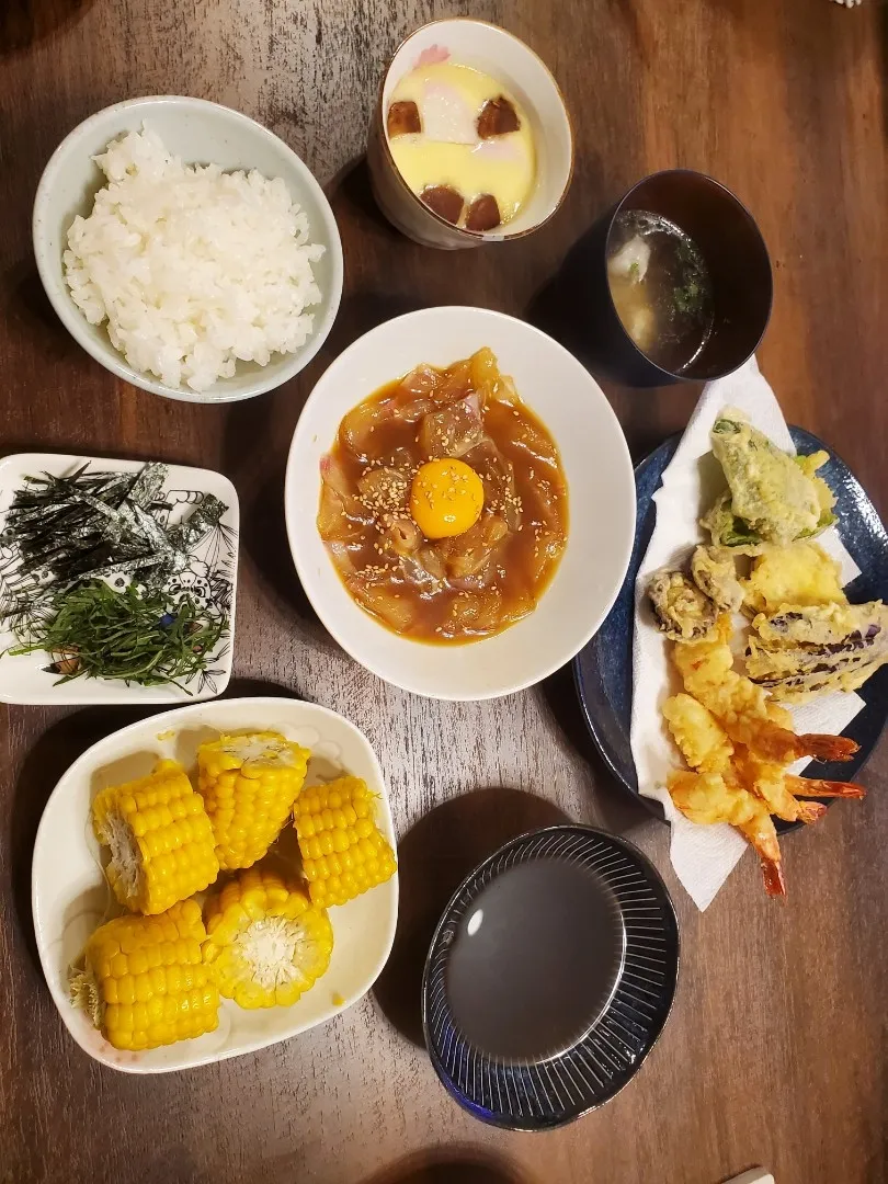 Snapdishの料理写真:宇和島風鯛めし　天ぷら　茶碗蒸し　鯛アラ汁　とうもろこし|Riccaさん