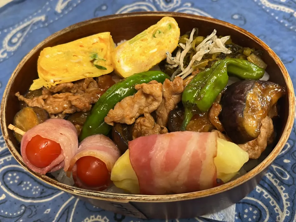 ナスと豚肉の旨辛炒め、卵焼き、トマトとポテトベーコン巻き、高菜とじゃこ|ちあぽんさん