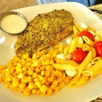 Snapdishの料理写真:Jalapeno chip crusted chicken breats with pasta salad and corn|Travis Stoneさん