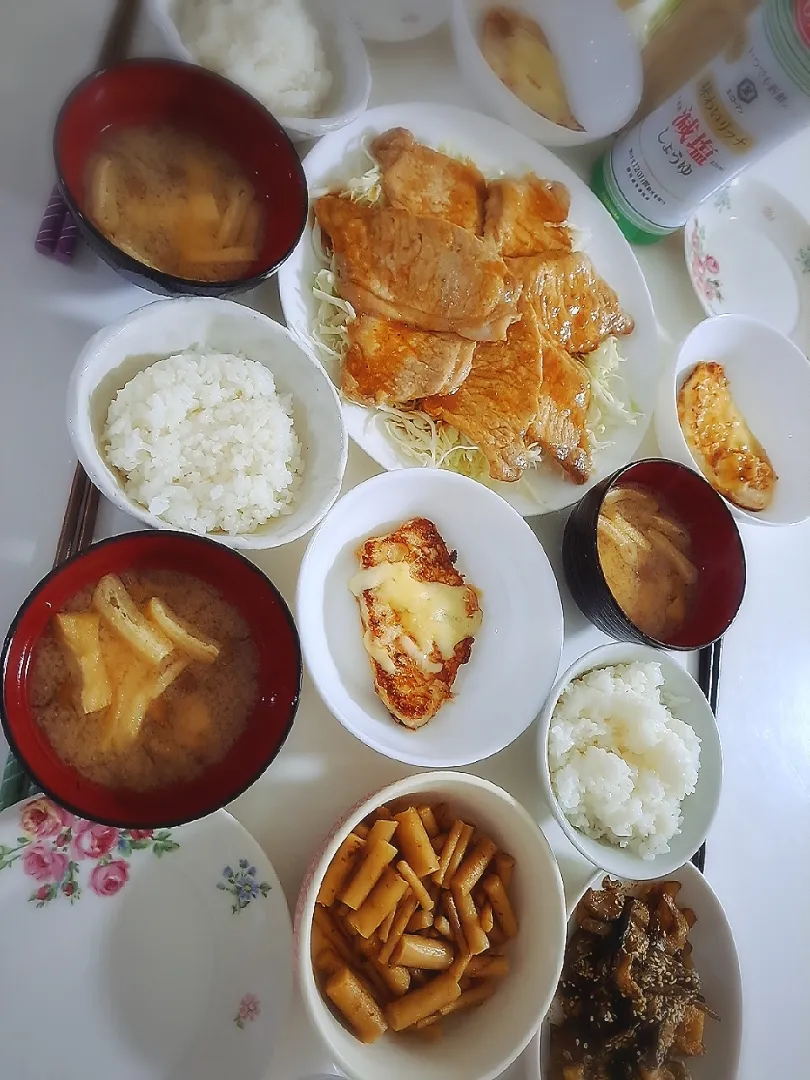 夕食(*^^*)
豚肉甘辛焼き&キャベツ
カジキのチーズ焼き
なすと油揚げの胡麻油炒め
ごぼうの漬物
お味噌汁(なめこ、豆腐、油揚げ)|プリン☆さん