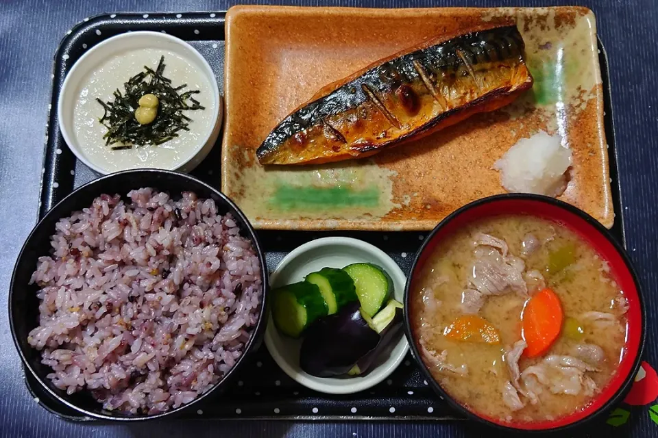 今日の朝ごはん（十五穀ごはんに焼鯖、長芋のとろろ、豚汁、かぶときゅうりの浅漬）|Mars＠釜飯作り研究中さん