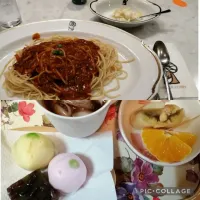 Snapdishの料理写真:フェスティバル下のインディアンカレーのミートスパとおやつ|よっちんさん