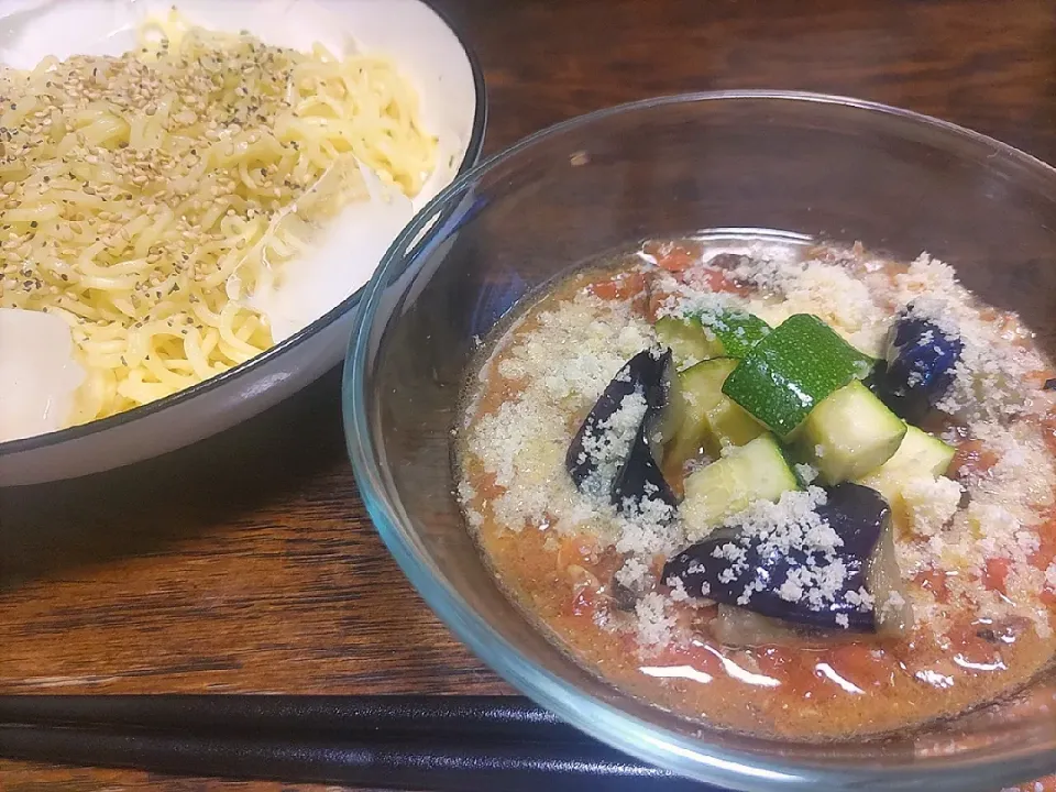 Snapdishの料理写真:冷やしラーメンつけ麺ラタトゥイユ風|rieuさん