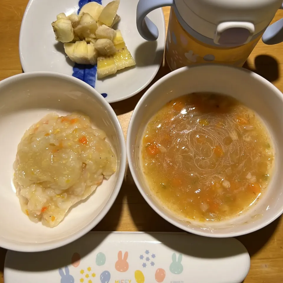 和光堂 和風しらすチャーハン、鶏肉と里芋の煮っころがし、バナナ、麦茶|km2571さん