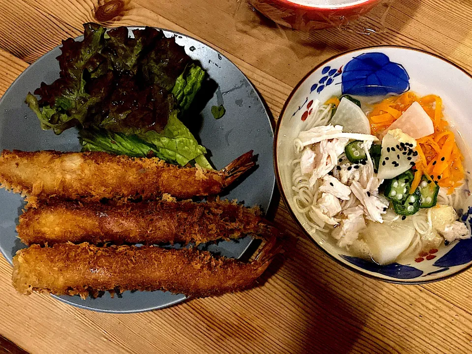 海老フライと鶏ガラスープのにゅうめん|ひーさん