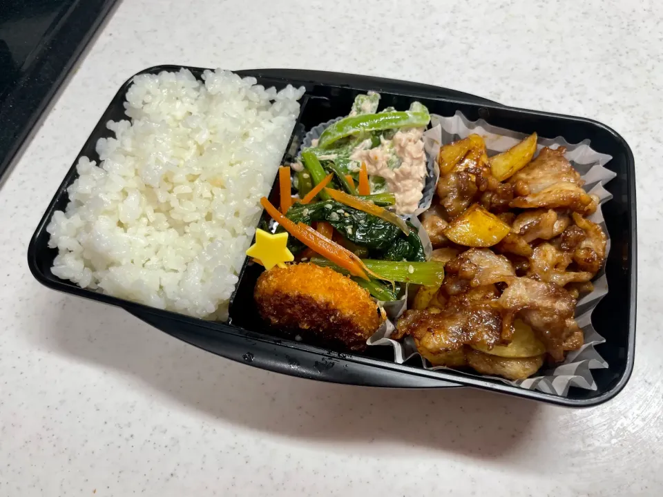 Snapdishの料理写真:7/4 彼氏弁当⁂ぶた肉とじゃがいもの味噌炒め弁当|ゆさん