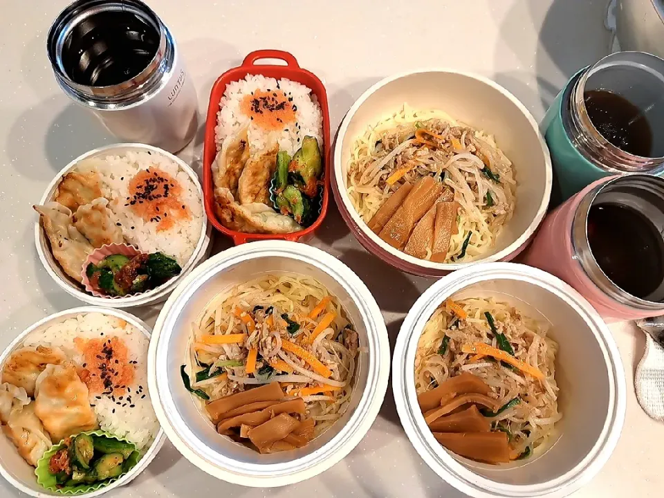 Snapdishの料理写真:高３娘と中２息子の昼弁・醤油ラーメン、餃子、梅キュウリ
高３義理息子の塾弁・昼と同じ|Sacchinさん