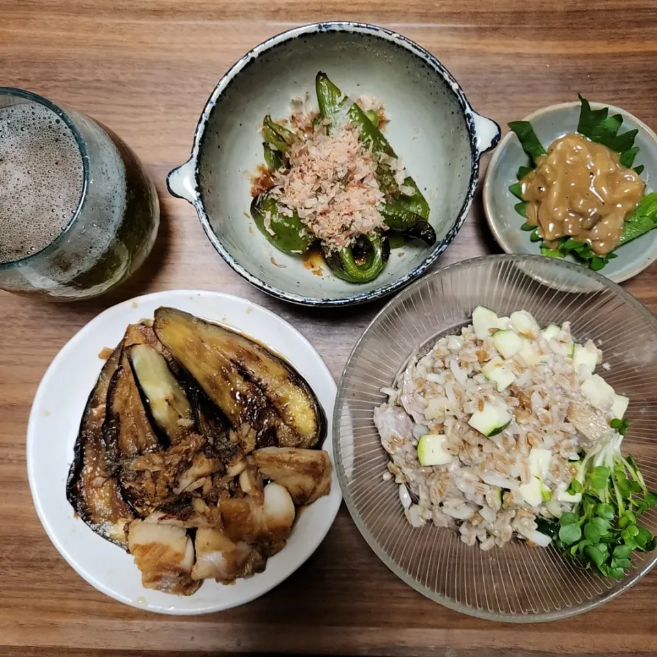 Snapdishの料理写真:20230707
鱈と茄子の生姜焼
鶏とファッロのサラダ
焼き万願寺
イカの塩辛|noccoさん