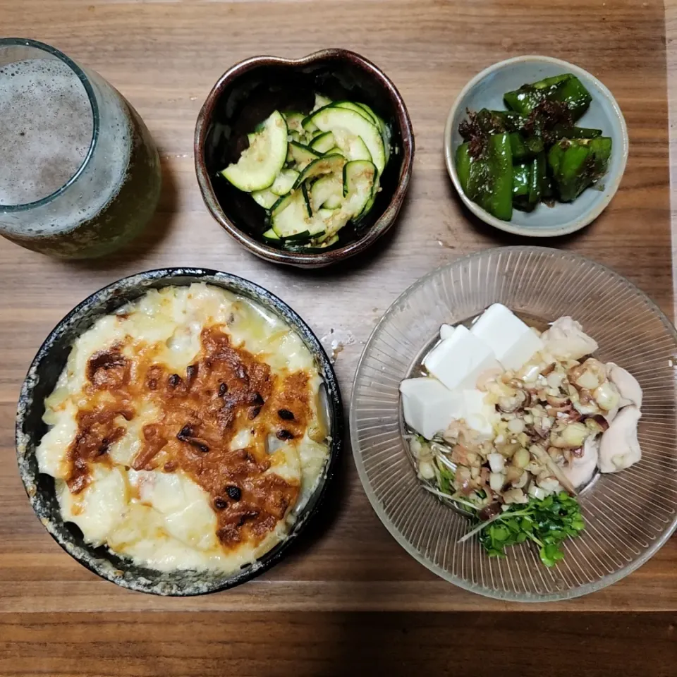 20230709
鱈とじゃがいものグラタン風
茹で鶏とお豆腐の茗荷だれ
万願寺とおかか炒め
ズッキーニのナムル|noccoさん