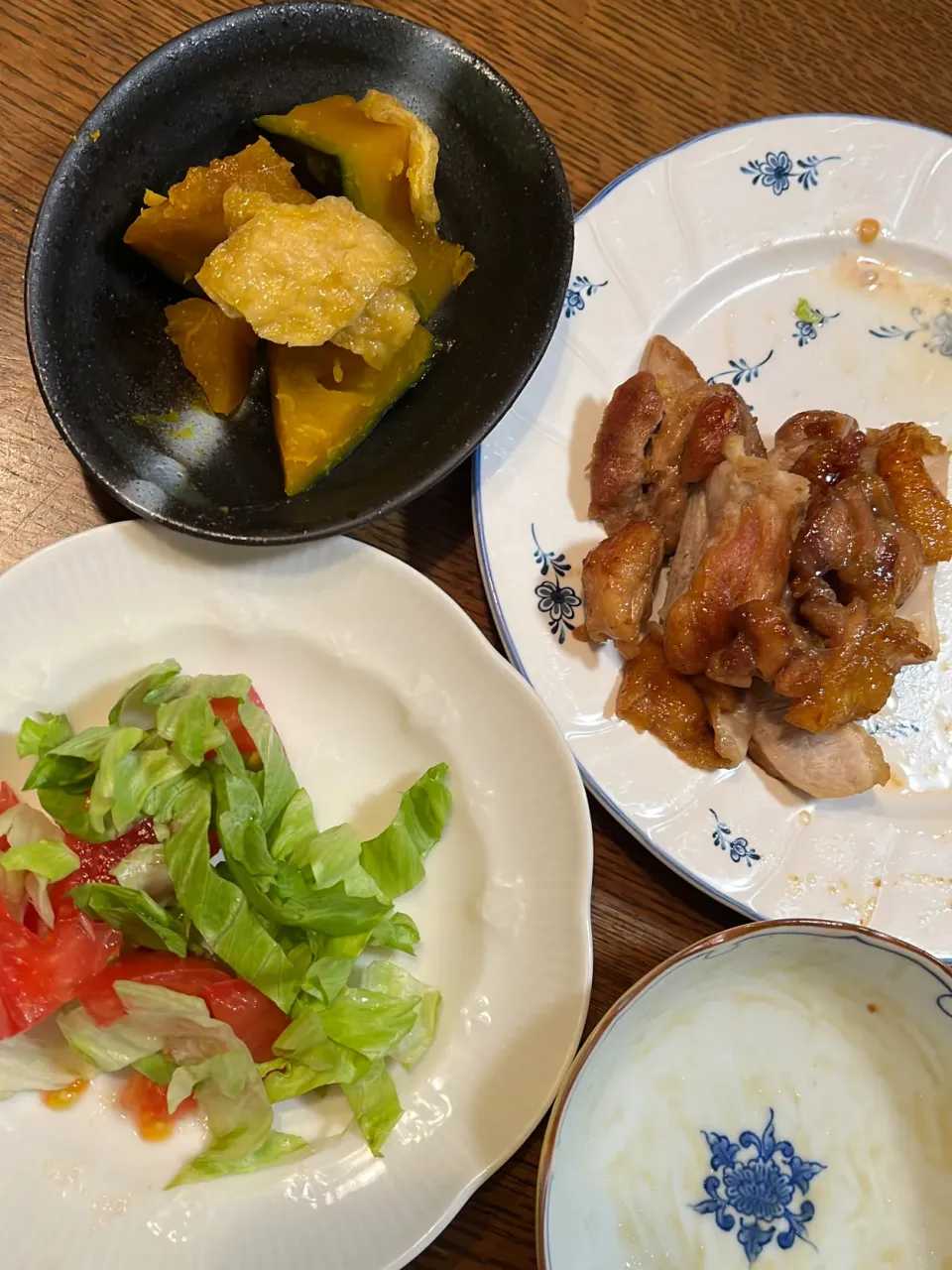 Snapdishの料理写真:鳥照り焼き　かぼちゃ煮物　オクラ納豆|itumade229kanaさん