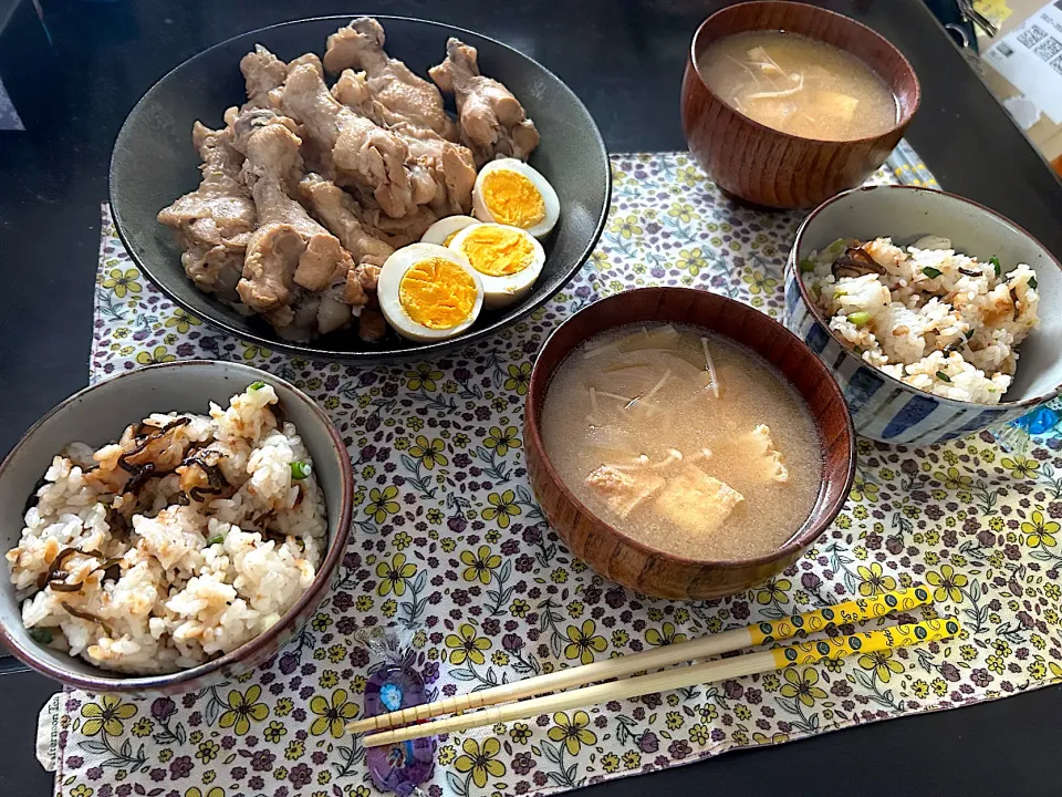 晩ごはん★手羽元のお酢煮、塩昆布ごはん、みそ汁|ハルさん