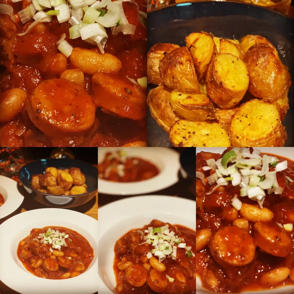 Dinner ! Dinner ! 
Spicy Pork Sausage & Beans in a rich Tomato Sauce with Roasted New Potatoes 🥔 
#porknbeans #homecooking 
#chefemanuel 
#ilovecooking|Emanuel Hayashiさん