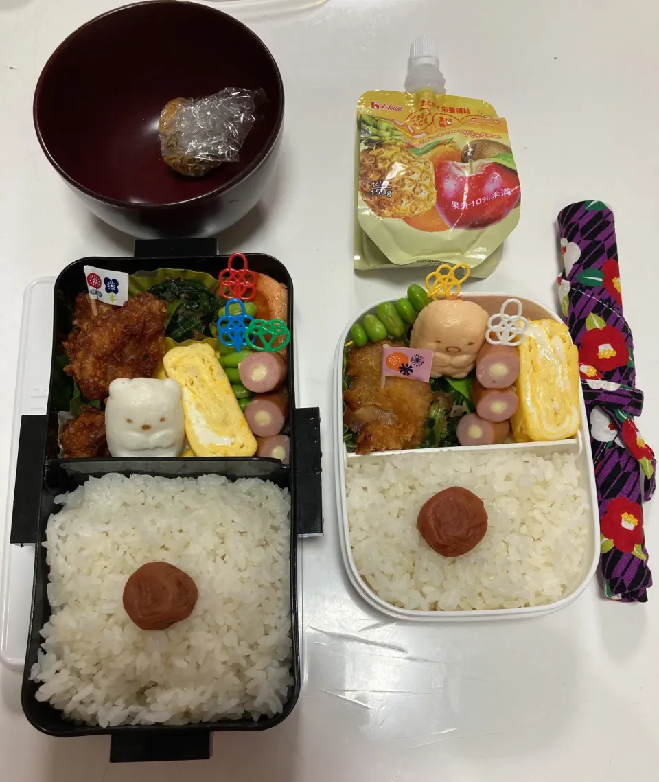 Snapdishの料理写真:パパ弁とJS（4年生）弁当☆チーズinウインナー☆唐揚げ☆ほうれん草のお浸し☆鮭☆卵焼き☆枝豆ピック☆キャラかま（すみっこぐらし）☆みそ玉（パパ弁）☆スムージー（娘）|Saharaさん