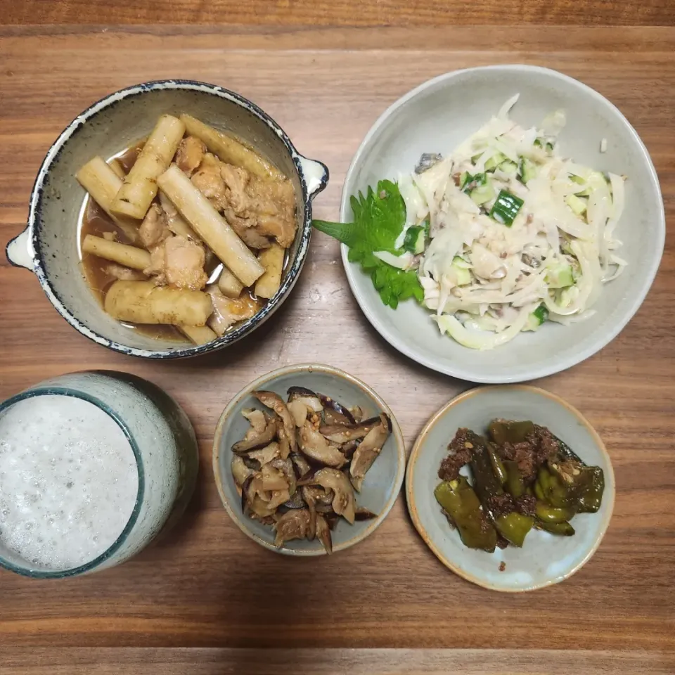 20230712
鶏とごぼうのさっぱり煮
玉ねぎと鯵のオリーブオイルサラダ
茄子の辛子和え
万願寺のおかか炒め|noccoさん