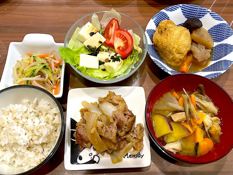 Snapdishの料理写真:豚こまで生姜焼き　さつま汁　鶏ひき肉の油揚げ包み　豆腐サラダ　もやしの中華ナムル|おさむん17さん