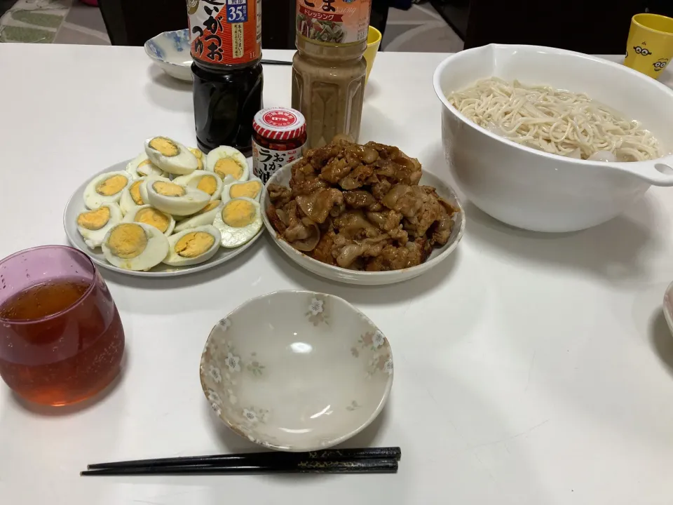 晩御飯☆素麺☆焼き肉炒め☆茹で卵|Saharaさん