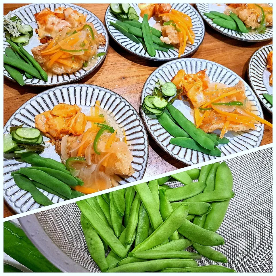 赤魚の揚げあんかけ　茹でささぎ　じゃが芋のピザソースチーズ　きゅうりわかめ甘酢|m aさん