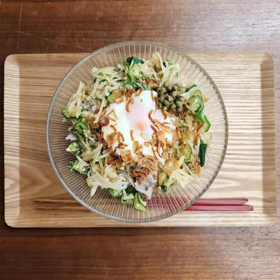 20230715
だしそうめん
新生姜茗荷オクラ豚肉卵オニオンフライ山椒そうめん|noccoさん