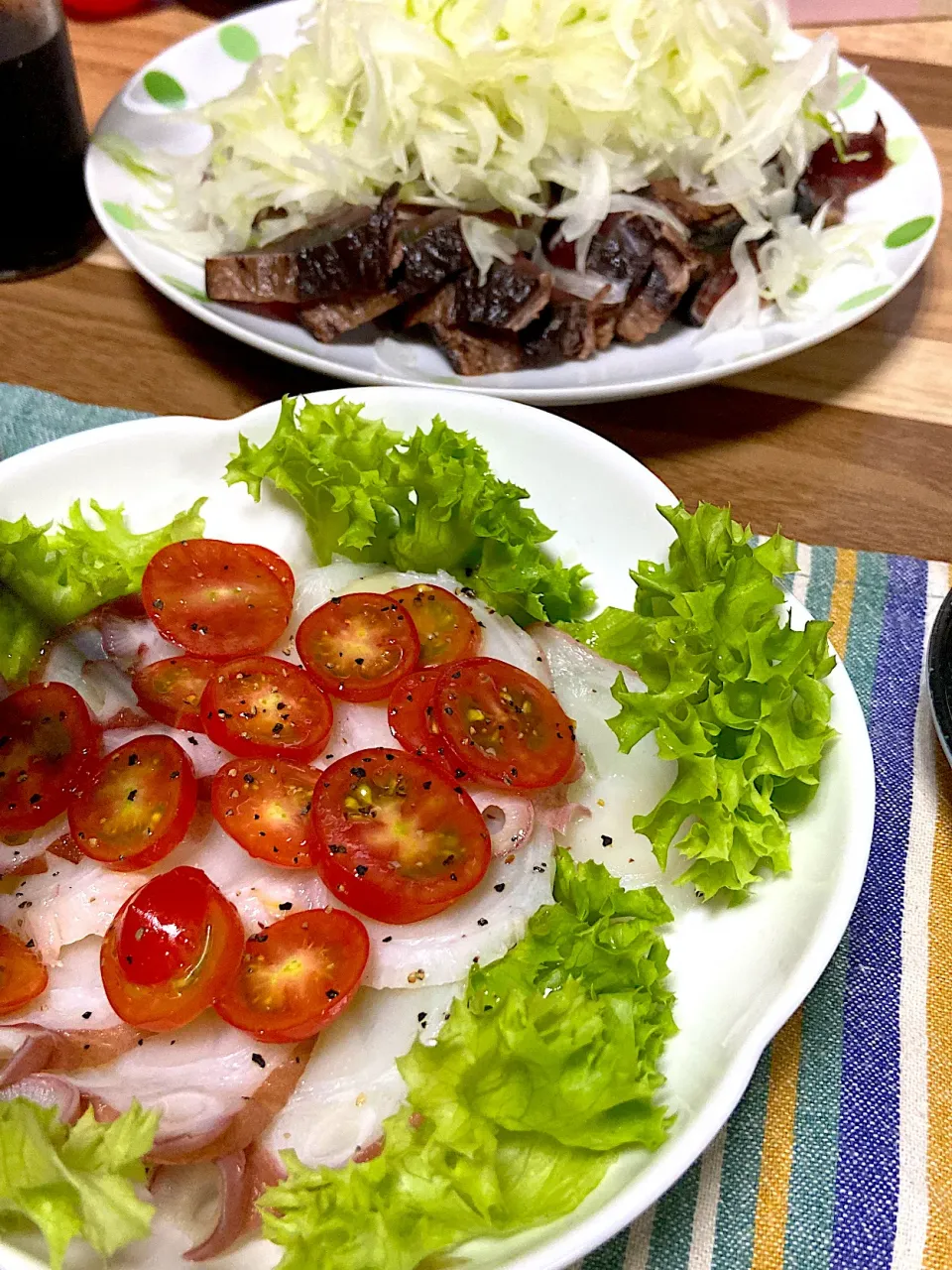 お夕飯。鰹のタタキ、タコのカルパッチョ|renharuruさん