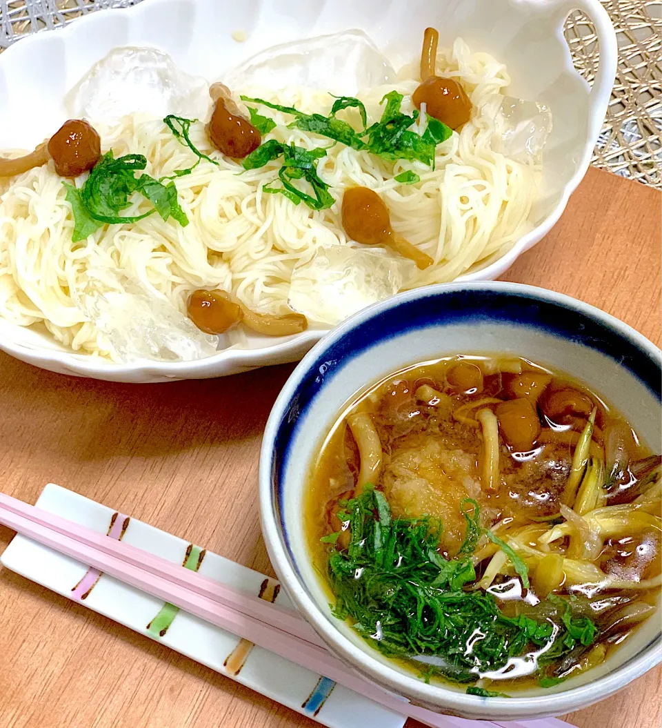 Snapdishの料理写真:おひとり様の　　　　　　　　　　　　　　　　なめこおろし素麺|kekekeさん