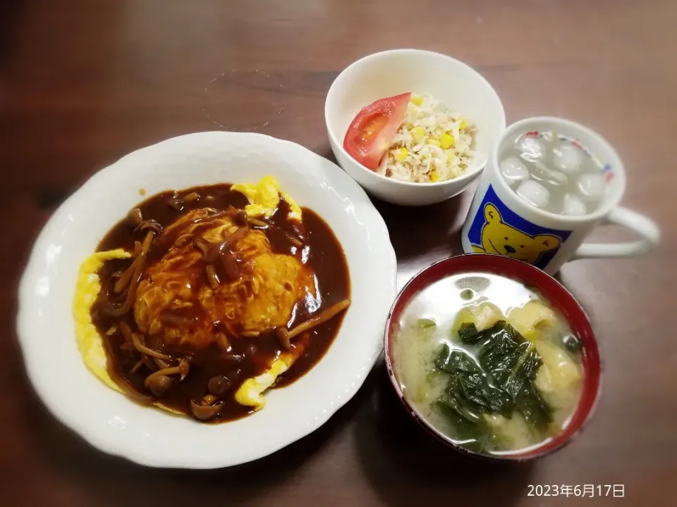 Snapdishの料理写真:2023年6月17日の晩ご飯
オムハヤシライス
コールスローサラダ
小松菜と油揚げのお味噌汁
焼酎水割り|ソラ♂のご飯さん