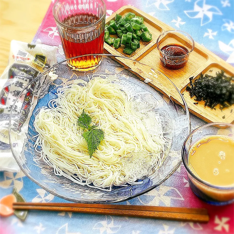 Snapdishの料理写真:そうめん　めんつゆの豆乳割り|アスママさん