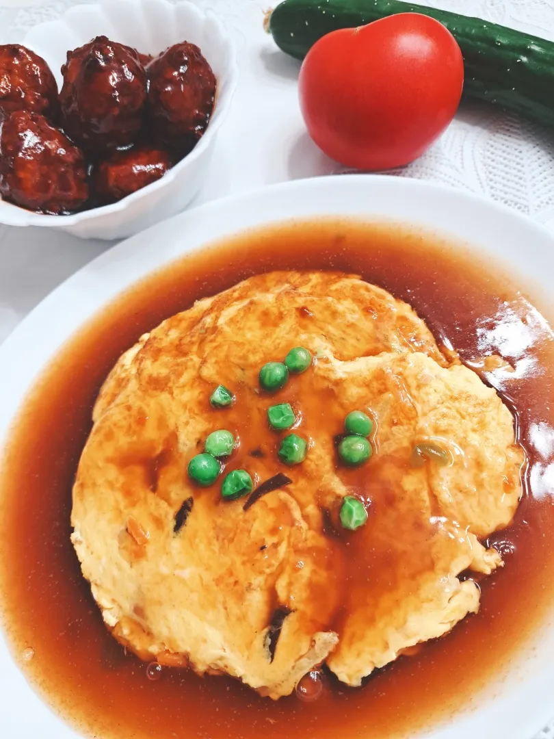 【広東風かに玉と肉だんご蜂蜜黒酢あんかけ】|梨々香さん