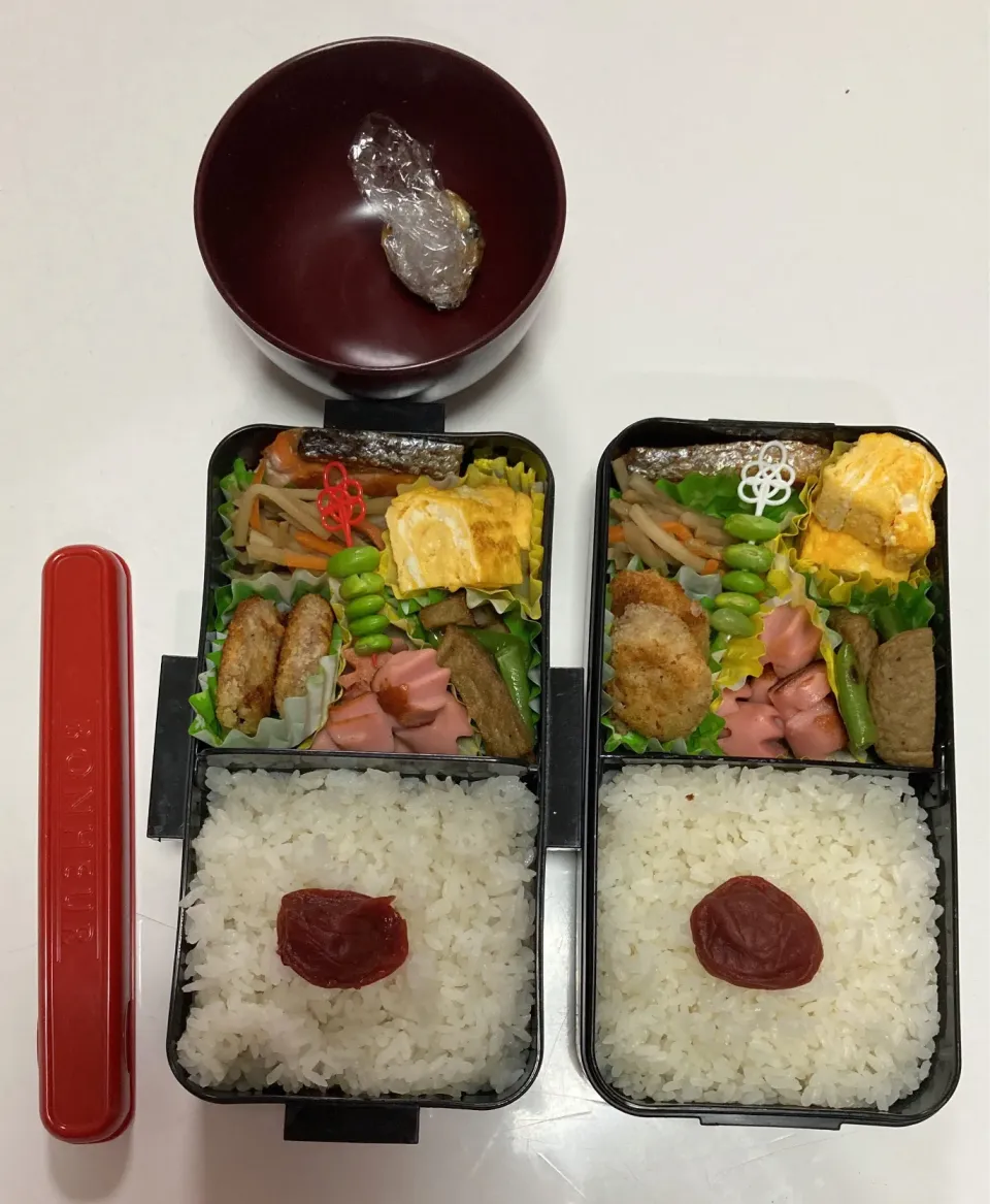 パパ弁&中1男子弁当☆卵焼き☆鮭☆きんぴら炒め☆魚ニソ炒め☆じゃこ天といんげんの炒め物☆梅しそチキン☆枝豆ピック☆みそ玉（パパ弁）|Saharaさん