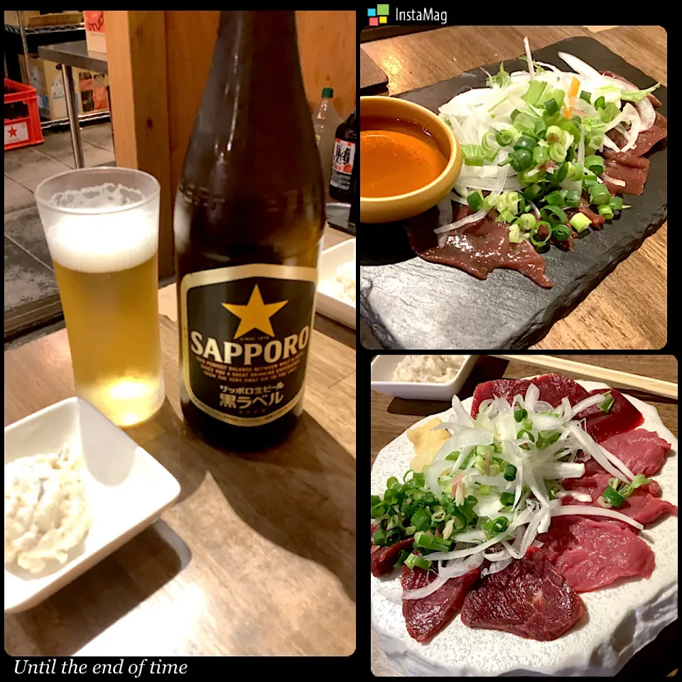 Snapdishの料理写真:岐阜の昼飲み最高🍺😋『馬刺しにレバ刺し』🐴💕|アライさんさん