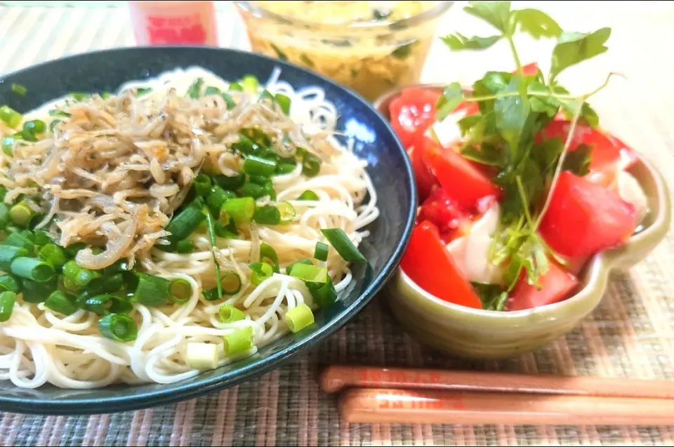 じゃこねぎ柚子胡椒だれ素麺 
塩麹🍅くずし冷奴|マギーさん