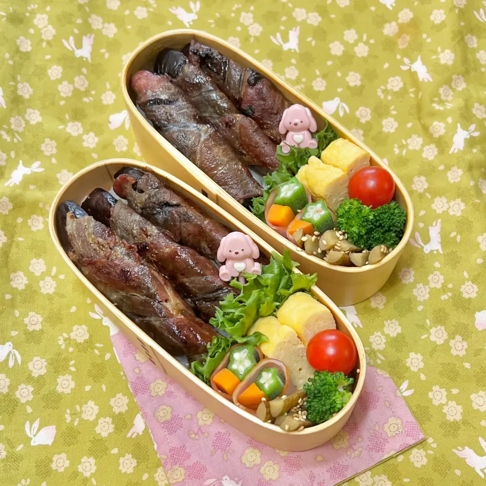 ナスの豚ロール照り焼き☘️の双子ちゃんお弁当💙❤️ 7/19水|sweet homeさん