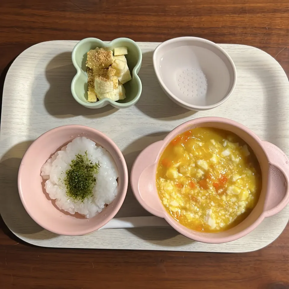 青のりがゆ、和光堂 さつまいもとかぼちゃのシチュー+豆腐、バナナのごま和え、湯冷し|km2571さん