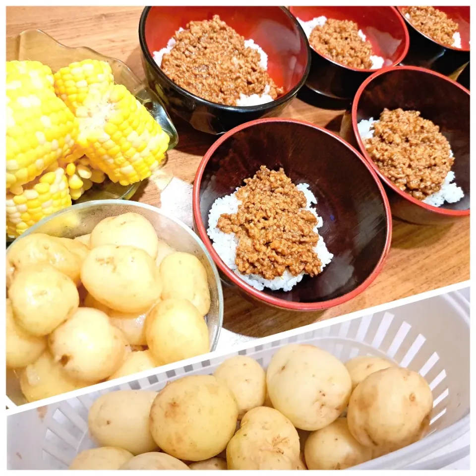 肉味噌丼　じゃが芋煮　もろこし|m aさん