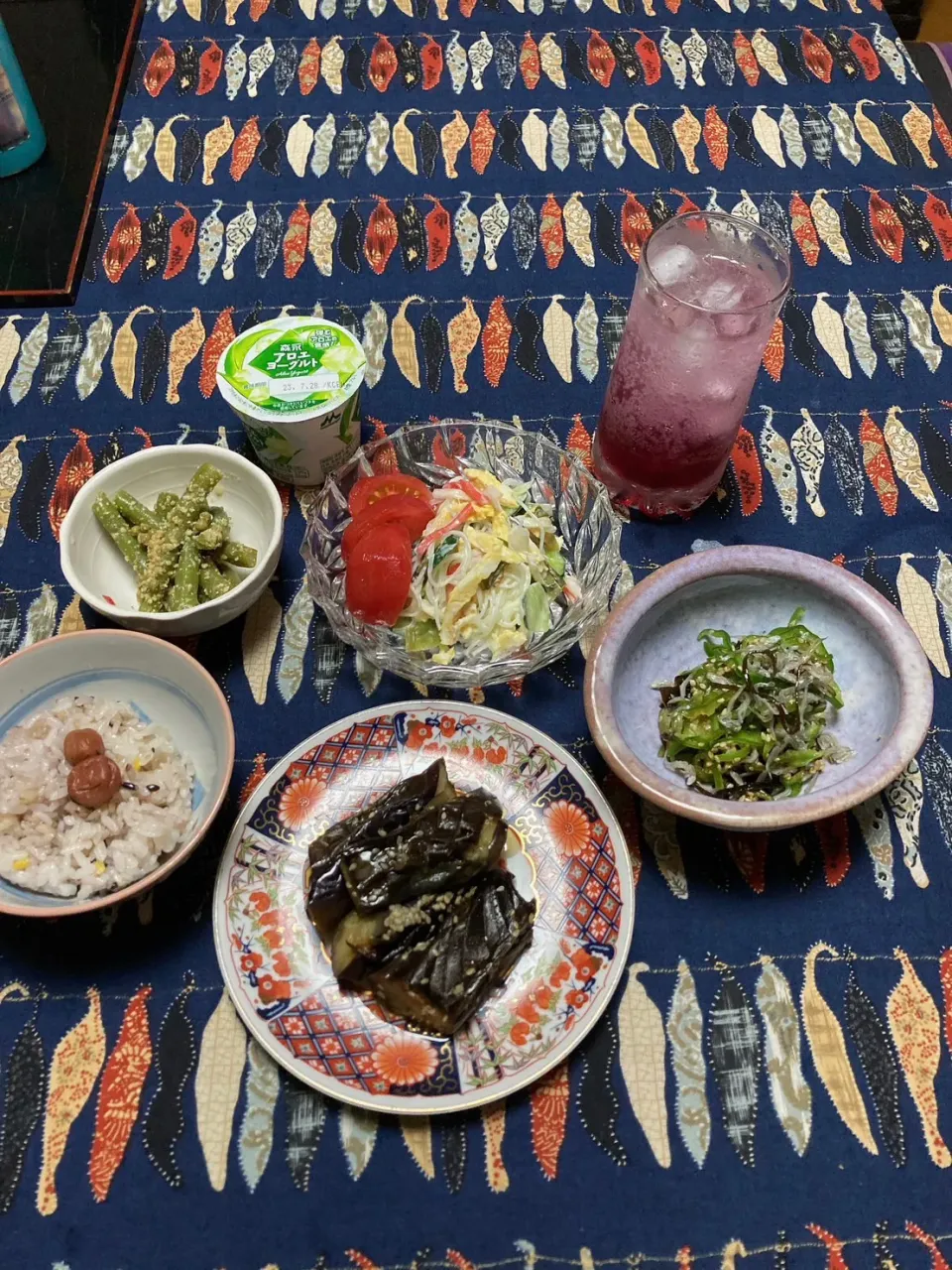 grandmaの晩ごはん☆ 今夜は朝の間に準備した…ので頂きます　インゲン豆の酢味噌和え、茄子の揚げ浸し、春雨サラダ、ピーマンのジャコ和え|kaoriさん